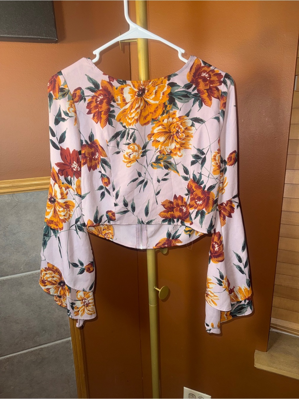 Charlotte Russe Pink Floral Cropped Blouse with Yellow Orange Flowers